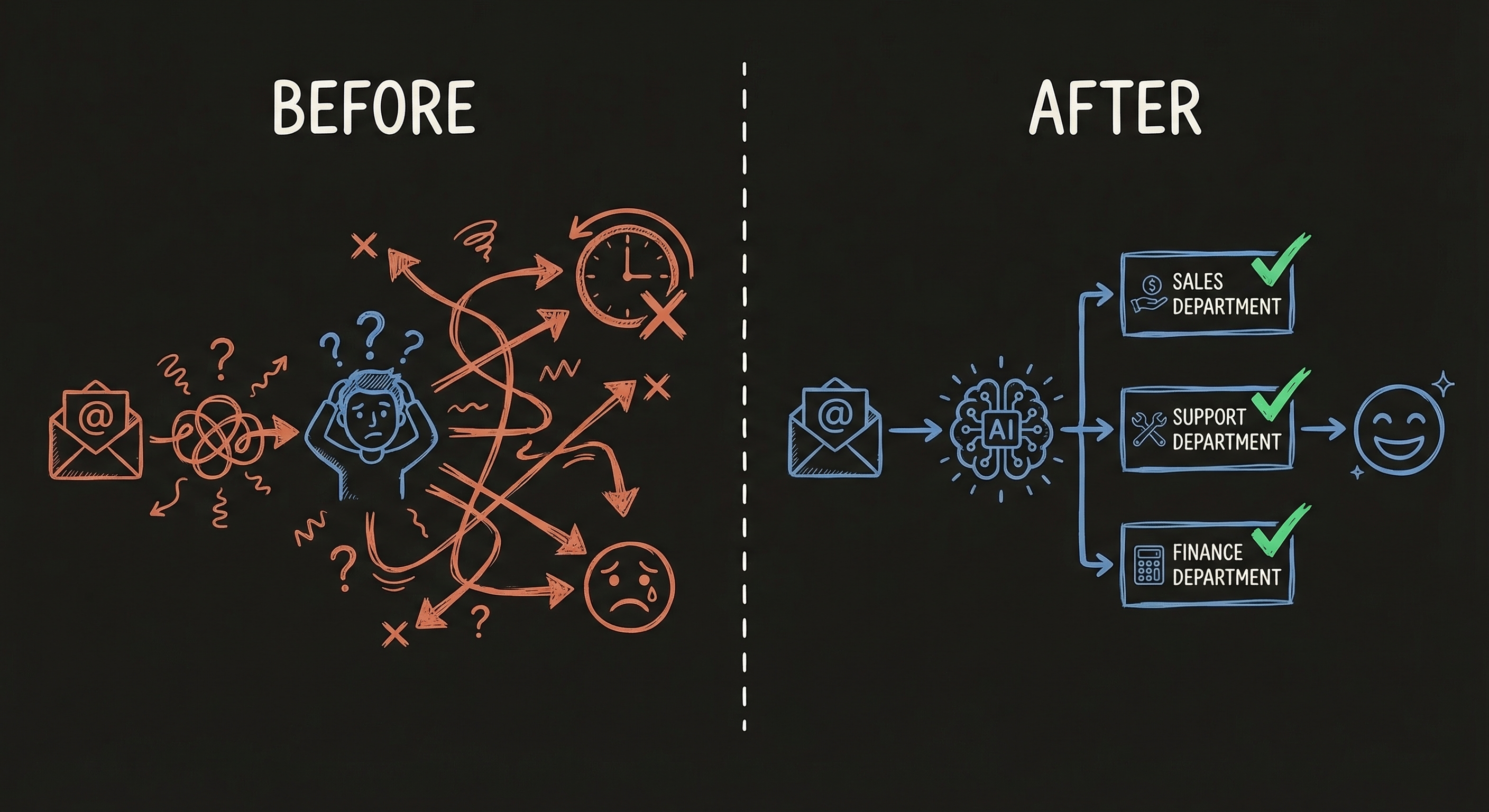Before and after: manual email forwarding versus AI-powered instant routing
